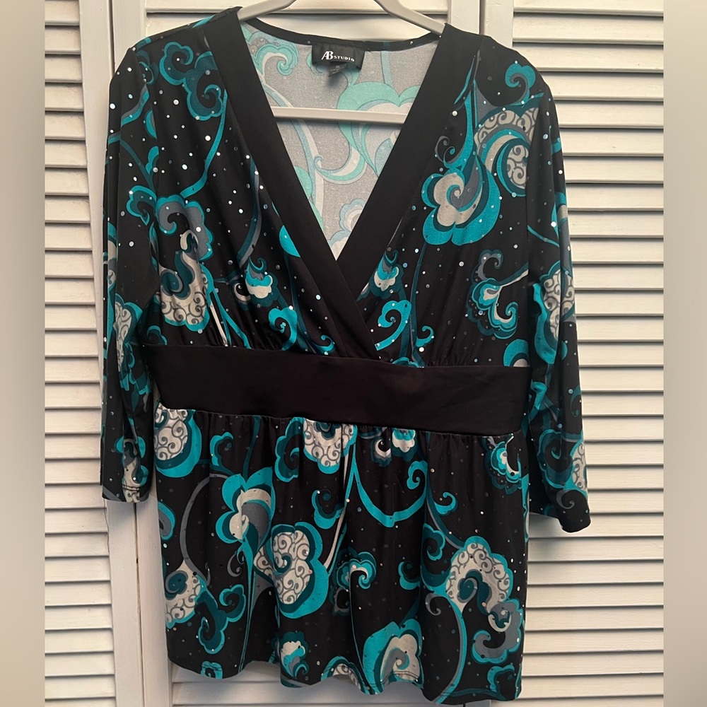 AB Studio Black and Teal Swirl Blouse